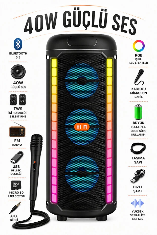 Bluetooth Hoparlör Parti Hoparlörü Karaoke Mikrofon Hediyeli Işıklı Ses Bombası Radyo Usb Sd Girişli Bluetooth Hoparlör Parti Hoparlörü Karaoke Mikrofon Hediyeli Işıklı Ses Bombası Radyo Usb Sd Girişli